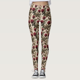 Legging Rosas Vermelhas Profundas Com Folhas Verde Escuro