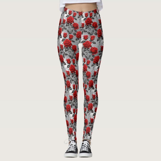 Legging Rosas Vermelhas Vibrantes Sobre um Fundo de Prata  (Frente)