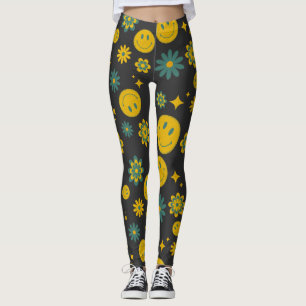 Legging rosto sorridente engraçado e flores descoladas