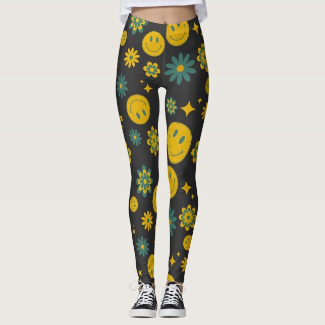 Legging rosto sorridente engraçado e flores descoladas (Frente)