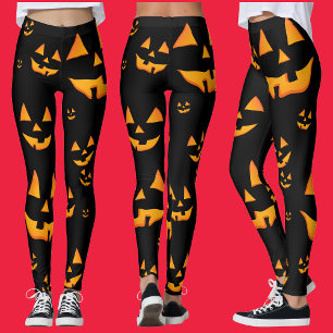 Legging Rostos de Abóbora Iluminados Design de Halloween