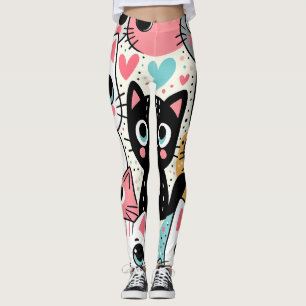 Legging Rostos de Gatos Kawaii Fofos e Corações Caprichoso