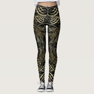 Legging Roteiro de Scrollwork do olhar da folha Dourado em