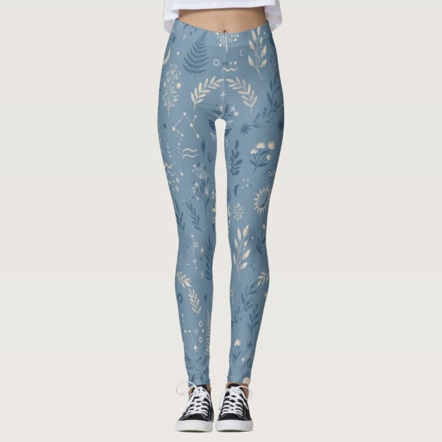 Legging Roupas Ativas Azul Poeirento Botânico Celestial Bo (Frente)