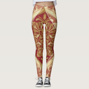 Legging Roupas de Luxo Athleisure: Golden Red Ornate Full-