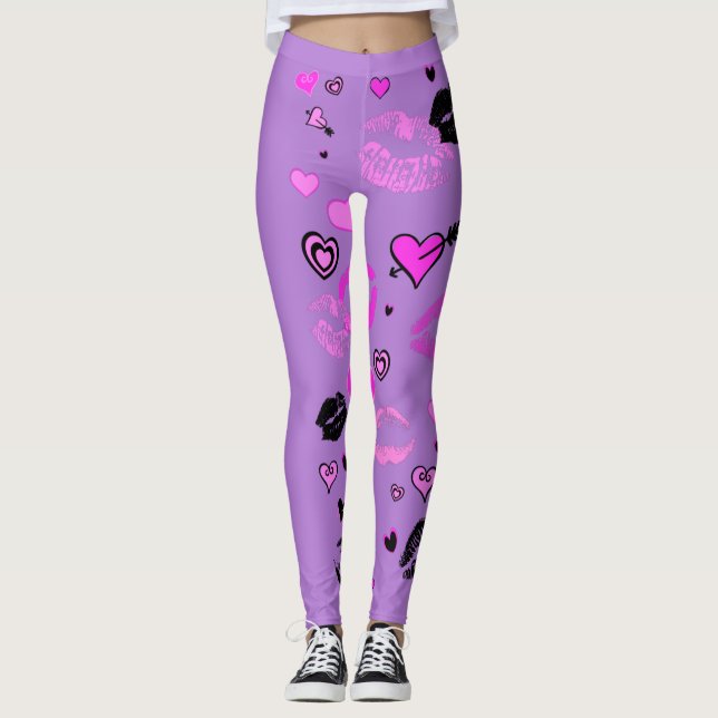 Legging Roxo com Corações e Lábios (Frente)