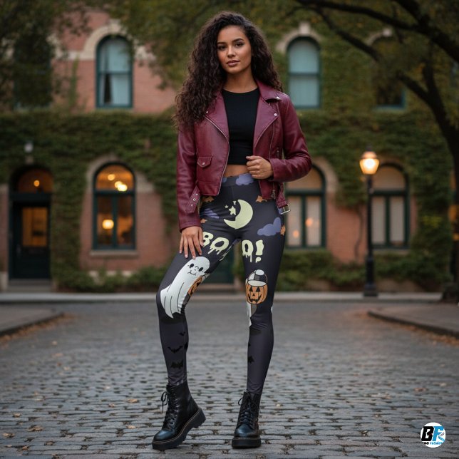 Legging Roxo e Cinza "Boo!" Festa do Dia das Bruxas (Criador carregado)