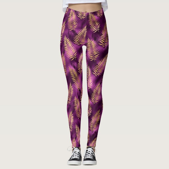 Legging Roxo e Dourado Elegante Folhas da Selva Tropical (Frente)