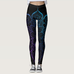 Legging Roxo e Teal Ombre Faux Glitter Mandala em Preto