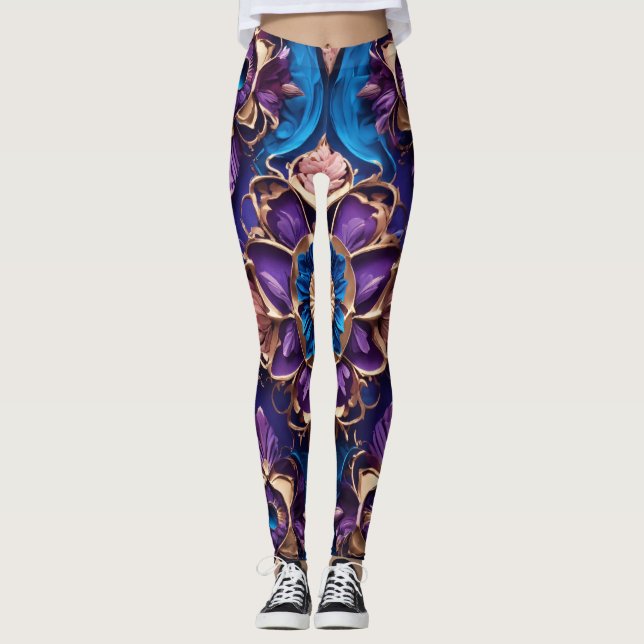 Legging "Royal Blue Blossoms: Luxurioso Floral Impressão L (Frente)