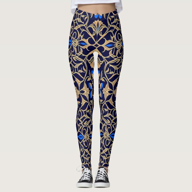 Legging Royal Blue & Gold Floral Elegance Pattern (Frente)