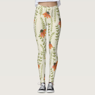 Legging Samambaias verdes, flores laranja, natureza.