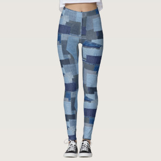 Legging Sarja de Nimes azul Shibori dos retalhos de Boro