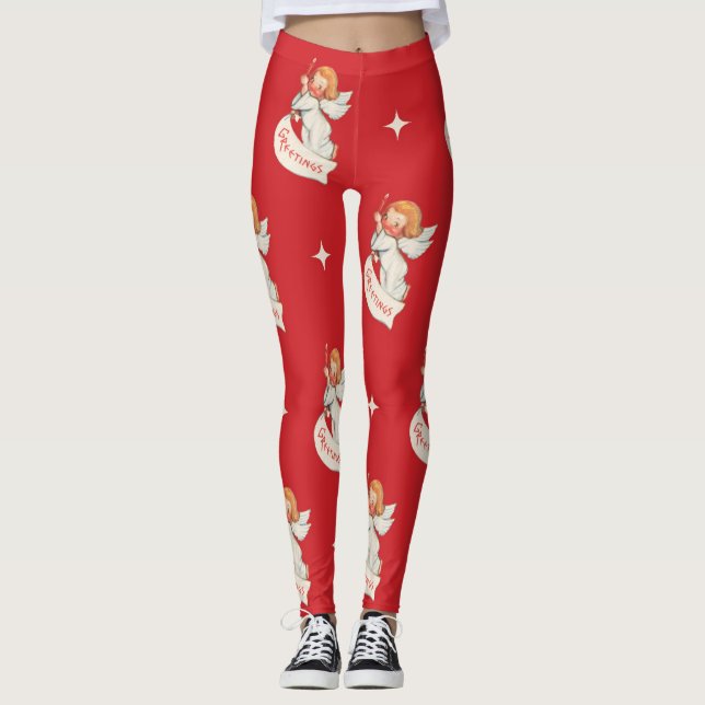 Legging Saudações de Natal Antigo, Anjos com Estrelas (Frente)