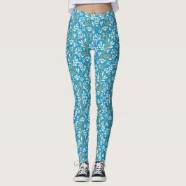Legging Seamless Floral Pattern: White and Gold on Blue