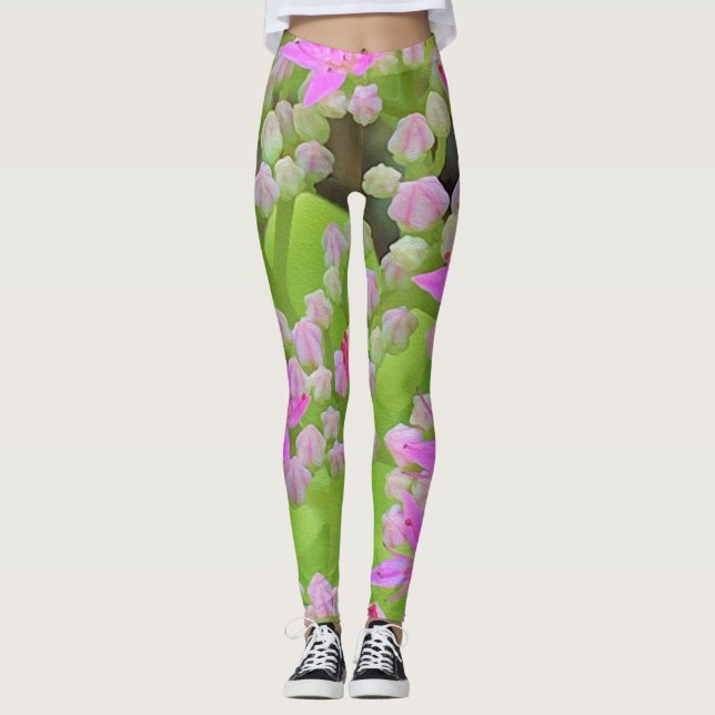 Legging Sedum Suculto Rosa Quente com Folhas Verdes Inchad (Frente)