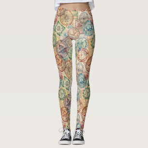 Legging Selo de Passaporte Rústico Padrão de Viagem (1)