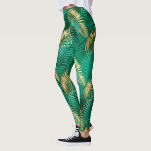 Legging Selva Ouro Verde Esmeralda Palm Folha Brilhante