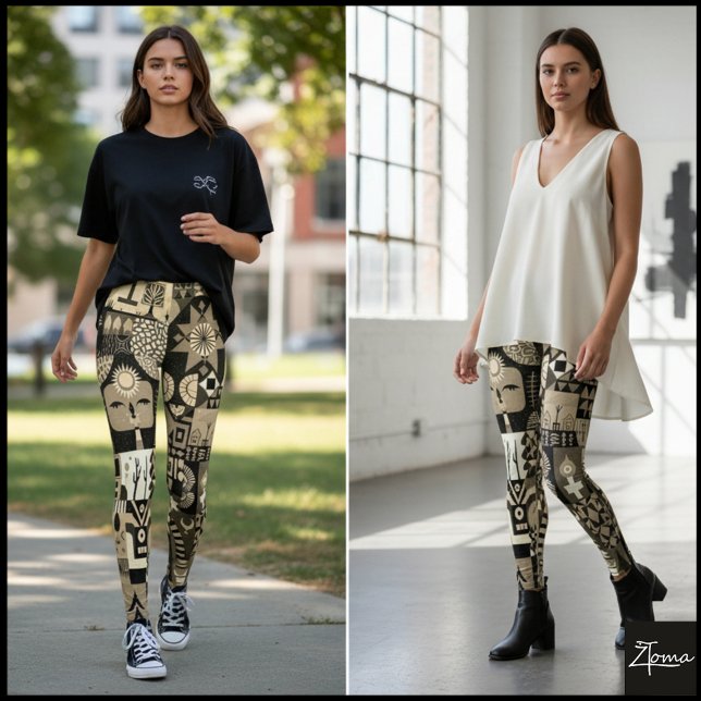 Legging Sepia Abstract Geometric Folk Art Quilt (Criador carregado)