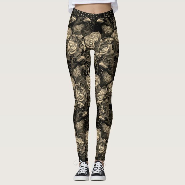 Legging Sepia Raven Evermore com Rosas e Hawkmoths (Frente)