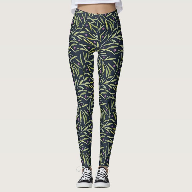 Legging Serenas Folhas Verdes com Flores Rosas (Frente)