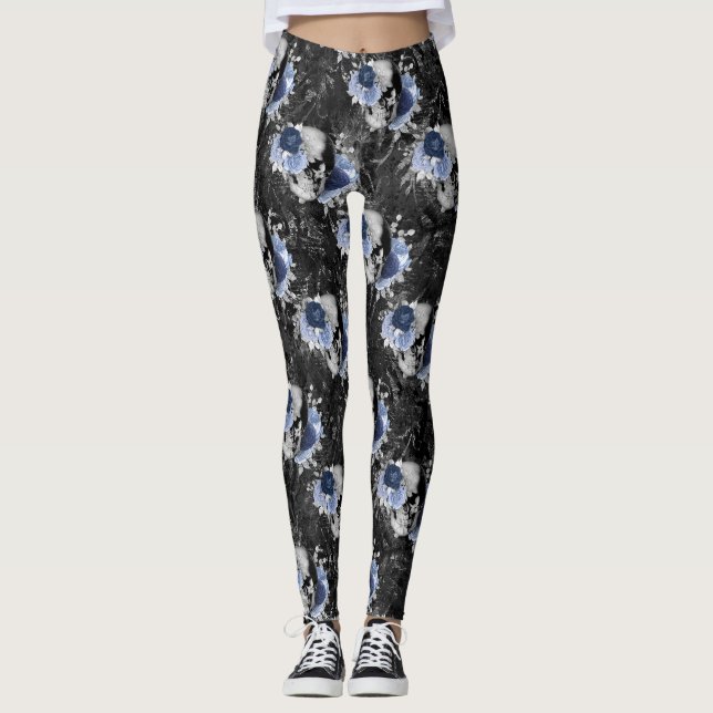 Legging Série de caveira floral azul Design 1  (Frente)