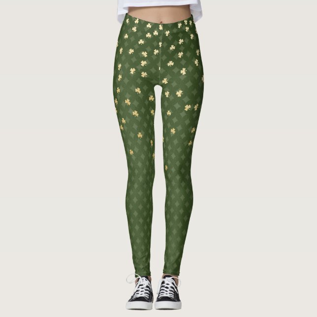 Legging Shamrock Dourado do Diamond Verde Dia de São Patrí (Frente)
