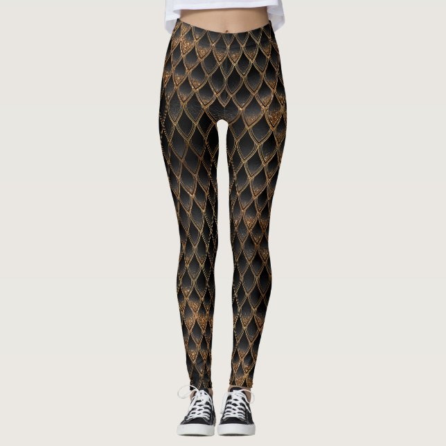 Legging Shimmering Black & Dourado Glitter Dragon Scales (Frente)
