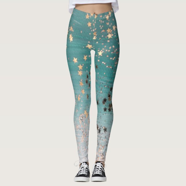 Legging Shimmery Dourado Stars on Teal  (Frente)