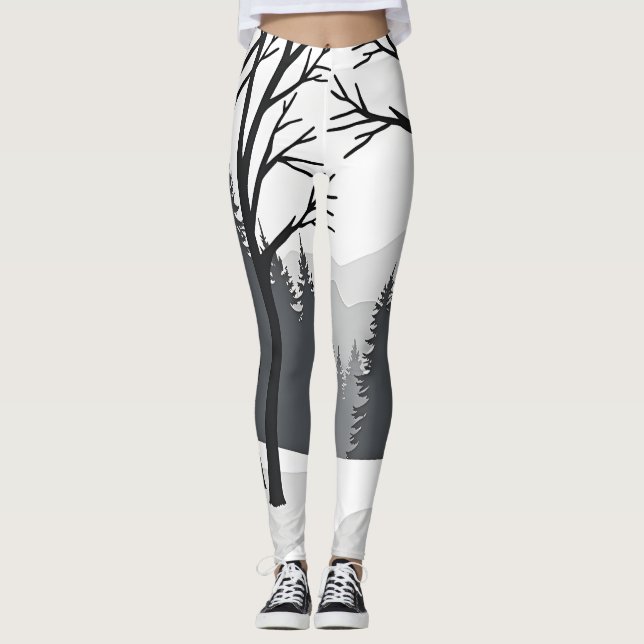 Legging Silhueta de Floresta Inverna em Preto e Branco (Frente)