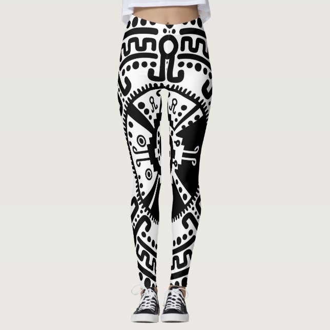 Legging Símbolo maia #3 preto e branco de Hunab Ku (Frente)