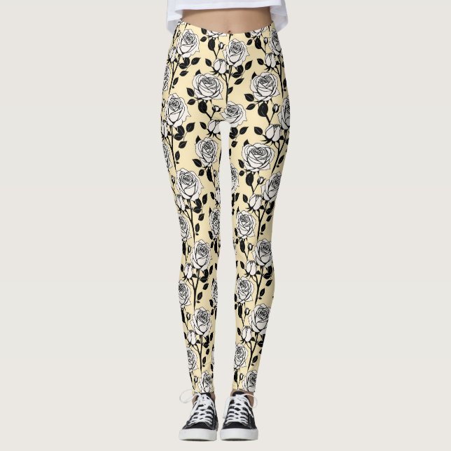 Legging Simple Black And White Roses In A Graphic Style  (Frente)