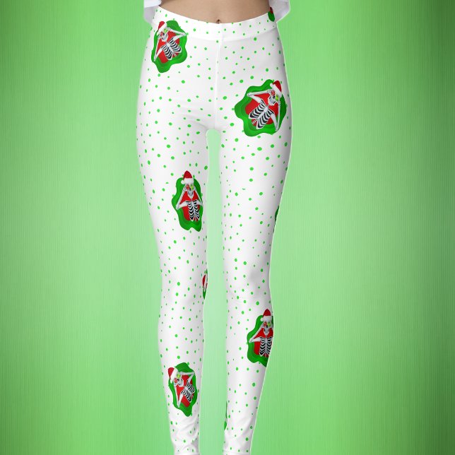 Legging Skeleton Santa Hat Pontos Vermelhos em Branco (Funny Skeleton Santa Hat ornaments on white with green polka dots Christmas womans leggins.)