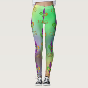 Legging SlipperyJoe's festivo tema Mardi Gras roxo gre
