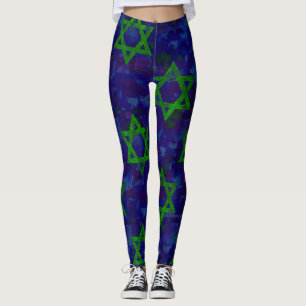 Legging SlipperyJoe's Hanukkah fileiras verdes Estrelas de