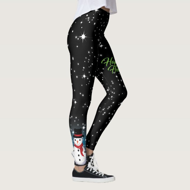 Legging Snowman com feliz feriado texto em verde a preto (Direita)