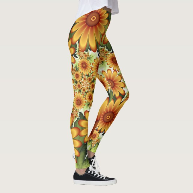 Legging Sonho Floral, Arte Fractal Moderna de Flor Abstrat (Direita)