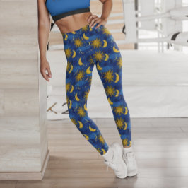 Legging Stars Sun Moon Celestial Padrão Azul Dourado