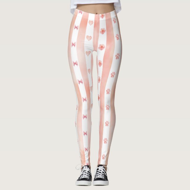 Legging Stripe rosa e branca - Corações, Rosa, Impressão d (Frente)