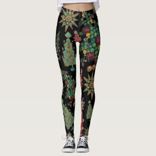 Legging Stylish Christmas Tree Jewel Pattern Black