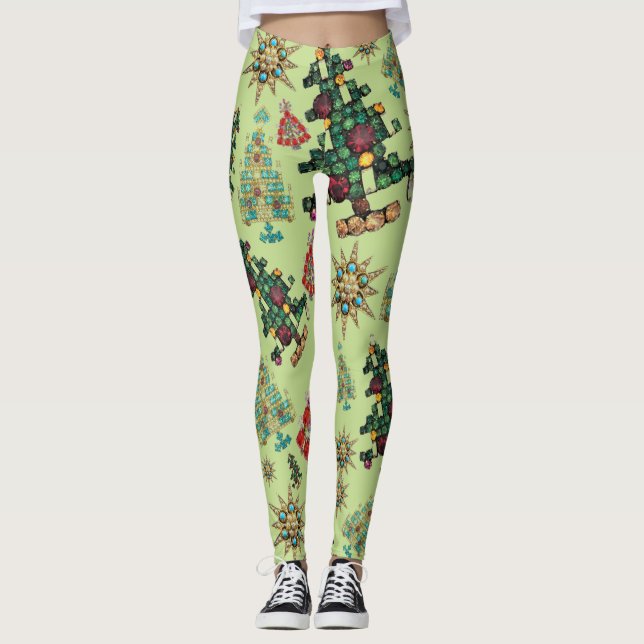 Legging Stylish Christmas Tree Jewel Pattern Key Lime  (Frente)