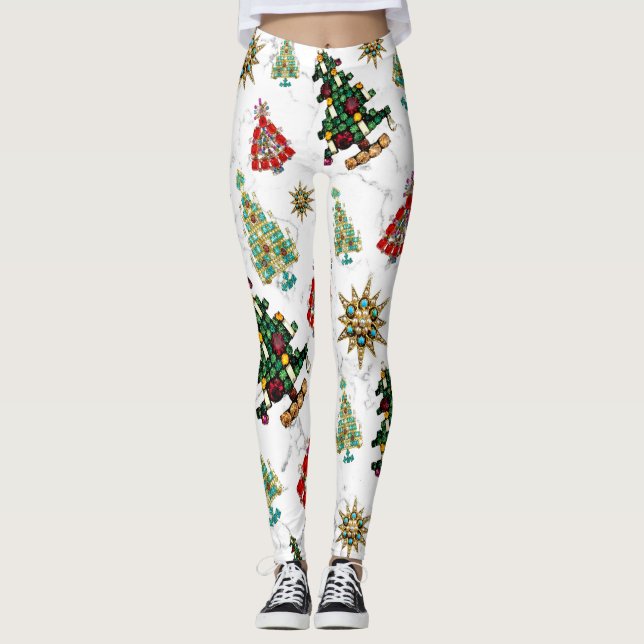 Legging Stylish Christmas Tree Jewel Pattern White  (Frente)