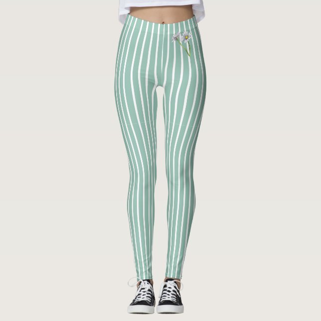 Legging Stylish Duck Egg Blue Striped Watercolor Daisy  (Frente)