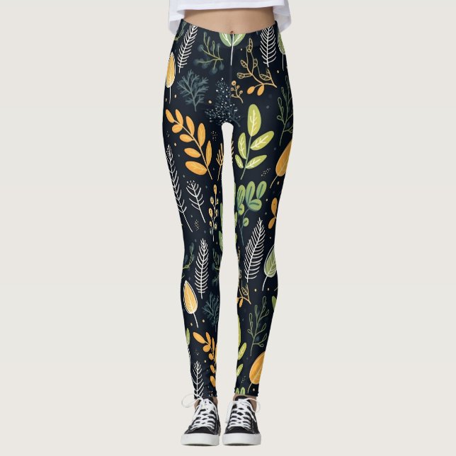 Legging Stylish Green and Yellow Foliage Pattern  (Frente)