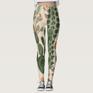 Legging Suculentes verdes, flores laranja, papel de parede