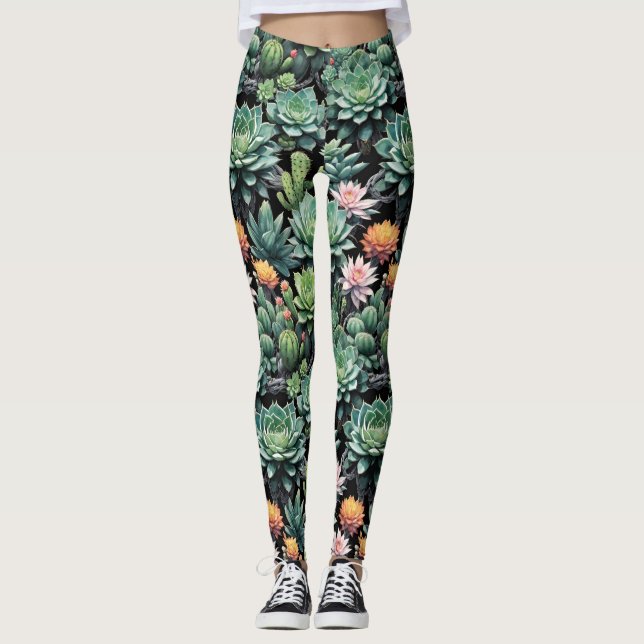 Legging Sucultivos Verdes e Flores de Cactus Negras (Frente)