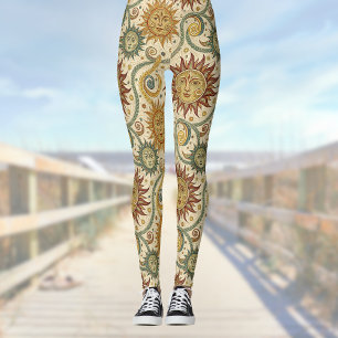 Legging Sun Celestial Vintage Burgundy Padrão Verde Dourad
