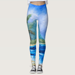 Legging Sunny Hawaii Beach Painting Tropical Paradise Palm