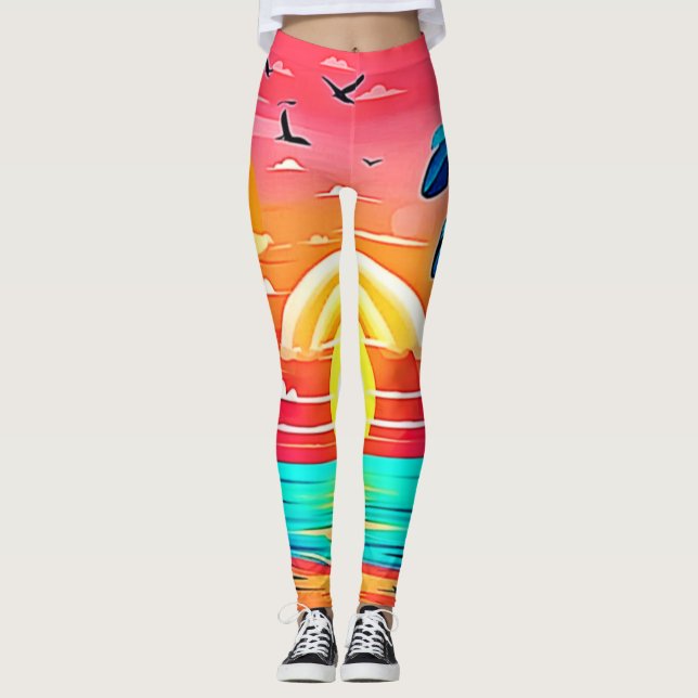 Legging Sunset de praia tropical com arco-íris (Frente)