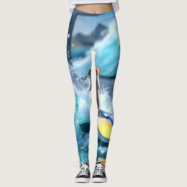 Legging Surreal Mouse Surfing Digital Waves – Whimsical Te (Frente)